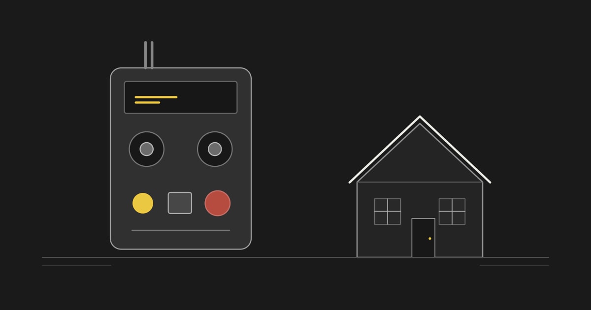 Schematische afstandsbediening met joysticks en noodstop voor kraanbediening.